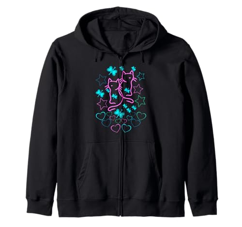 Herz Herzen Katze Katzen Schmetterling Frau Mädchen Kinder Kapuzenjacke von 80er 90er Katzen Retro Katze Vintage
