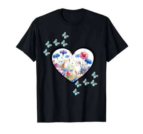 Katzen Katze Schmetterlinge Schmetterling Blumen Frauen Kind T-Shirt Katzen Katze Schmetterlinge Schmetterling Blumen Frauen Kind T-Shirt von 80er 90er Katzen Retro Katze Vintage