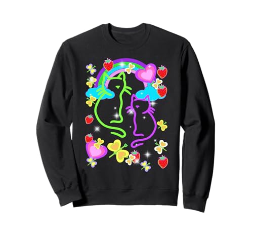Regenbogen Retro Katzen Sommer Erdbeeren Kind Mädchen Sweatshirt von 80er 90er Katzen Retro Katze Vintage