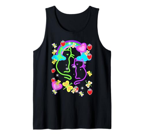 Regenbogen Retro Katzen Sommer Erdbeeren Kind Mädchen Tank Top von 80er 90er Katzen Retro Katze Vintage