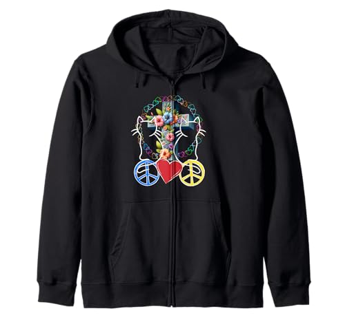 Retro Katzen Katze Herz Herzen Peace Frauen Kreuz 60er 80er Kapuzenjacke von 80er 90er Katzen Retro Katze Vintage