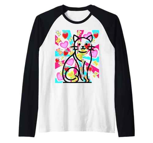 Retro Sommer Katze Katzen Mädchen 60er Erdbeer Herz Raglan von 80er 90er Katzen Retro Katze Vintage