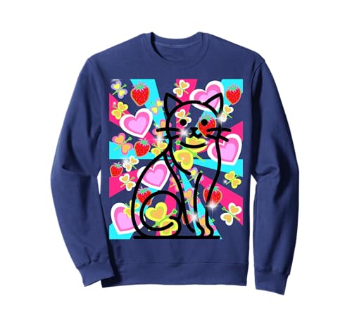 Retro Sommer Katze Katzen Mädchen 60er Erdbeer Herz Sweatshirt von 80er 90er Katzen Retro Katze Vintage