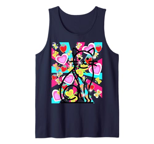 Retro Sommer Katze Katzen Mädchen 60er Erdbeer Herz Tank Top von 80er 90er Katzen Retro Katze Vintage