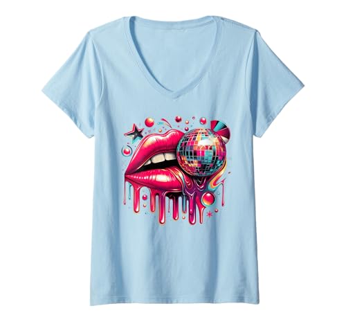 Damen 80er Jahre Lippen Discokugel 80s 90s Motto Kostüm 90er Jahre T-Shirt mit V-Ausschnitt Damen 80er Jahre Lippen Discokugel 80s 90s Motto Kostüm 90er Jahre T-Shirt mit V-Ausschnitt von 80er Jahre Klamotten 90er Party Outfit Kostüm