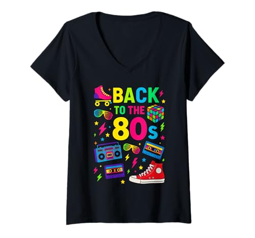 Damen Back to The 80s - 80er Jahre Retro Motto Party T-Shirt mit V-Ausschnitt Damen Back to The 80s - 80er Jahre Retro Motto Party T-Shirt mit V-Ausschnitt von 80er Jahre Mottoparty Kostüm Verkleidung