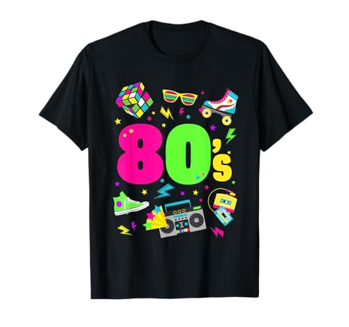 80er Jahre Party Klamotten Faschingskostüm Frauen - Unisex Erwachsene - Schwarz - S - Crew-Kragen - Cartoon - Gekreuzt - Short Sleeves - EU 38/40 - 80s theme t-shirt von 80er Jahre Party Klamotten Faschingskostüm Frauen