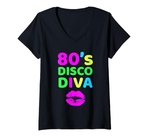 Damen 80s Disco Diva Lippenstift Retro Vintage Outfit 80er Jahre T-Shirt mit V-Ausschnitt von 80er Jahre Party Retro Vintage Lippenstift Damen