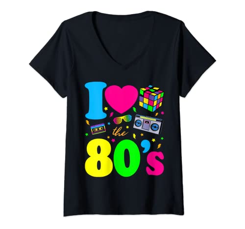 Damen 80er Jahre | I Love the 80s | Vintage Retro T-Shirt mit V-Ausschnitt Damen 80er Jahre | I Love the 80s | Vintage Retro T-Shirt mit V-Ausschnitt von 80er Jahre Retro Vintage Kostüm Karneval
