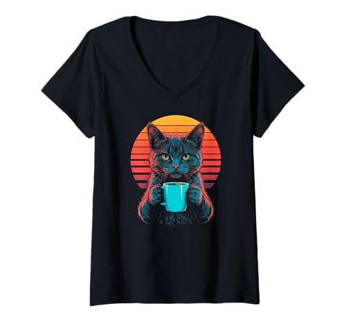 Damen Retro -Katze Trinken Kaffee Synthwave Vaporwave & T-Shirt mit V-Ausschnitt von 80er ästhetische Katze und Kaffee