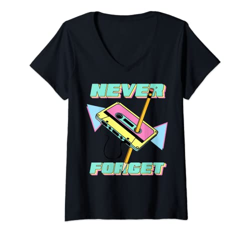 Damen 90er Jahre Partykostüm 80er Never Forget Retro-Kassette T-Shirt mit V-Ausschnitt von 80s 90s Retro Motto 90er Party Verkleidung