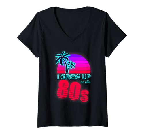 Damen Ich Bin im Retro-Sunset-Stil der 80er aufgewachsen T-Shirt mit V-Ausschnitt Damen Ich Bin im Retro-Sunset-Stil der 80er aufgewachsen T-Shirt mit V-Ausschnitt von 80s Aesthetic Palm Trees Throwback Vibes