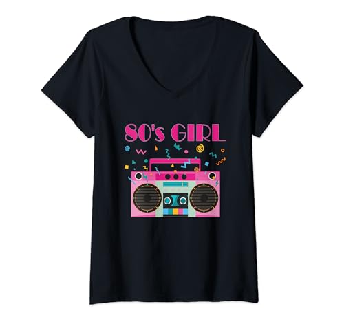 Damen 80s Girl 80er Jahre Mode 80's Kleidung Party Kostüm T-Shirt mit V-Ausschnitt Damen 80s Girl 80er Jahre Mode 80's Kleidung Party Kostüm T-Shirt mit V-Ausschnitt von 80s Girl 80er Jahre Musik 80's Kleidung Kostüm