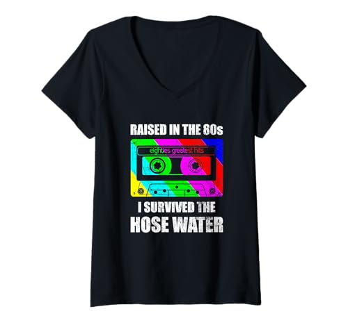 Damen Raised in The 80s Cassette Tape Funny Retro T-Shirt mit V-Ausschnitt von 80s Nostalgia Mixtape Retro