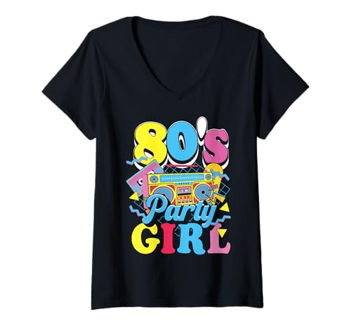 Damen 80s Party Girl Retro 80er Damen Mädchen Mottoparty Tanzen T-Shirt mit V-Ausschnitt von 80s Party Girl Damen Retro Frauen 80er Mottoparty