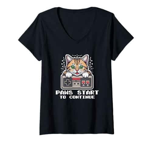 Damen Cat Gamer Paws Start Controller im klassischen Pixelstil T-Shirt mit V-Ausschnitt Damen Cat Gamer Paws Start Controller im klassischen Pixelstil T-Shirt mit V-Ausschnitt von 80s Pixel Style Video Game Cat Design