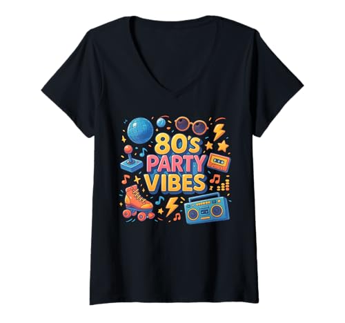 Damen 80er Jahre Party Vibes Down Memory Lane Kunstwerk T-Shirt mit V-Ausschnitt Damen 80er Jahre Party Vibes Down Memory Lane Kunstwerk T-Shirt mit V-Ausschnitt von 80s Retro Classic Vintage Style Nostalgic