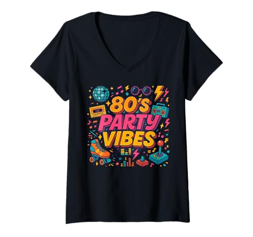 Damen 80er Jahre Party Vibes Fun Time Retro Vibes Illustration T-Shirt mit V-Ausschnitt Damen 80er Jahre Party Vibes Fun Time Retro Vibes Illustration T-Shirt mit V-Ausschnitt von 80s Retro Classic Vintage Style Nostalgic