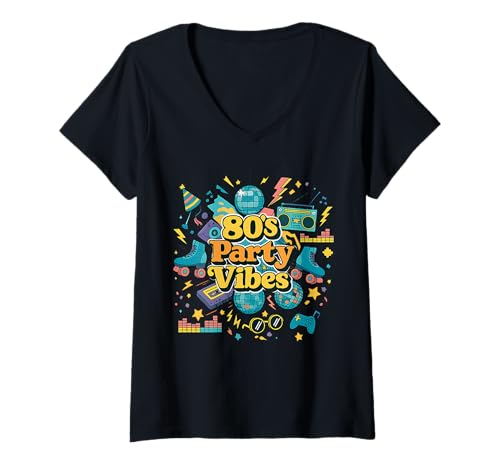 Damen 80er Jahre Party Vibes Funky Retro Vibes Grafik T-Shirt mit V-Ausschnitt Damen 80er Jahre Party Vibes Funky Retro Vibes Grafik T-Shirt mit V-Ausschnitt von 80s Retro Classic Vintage Style Nostalgic