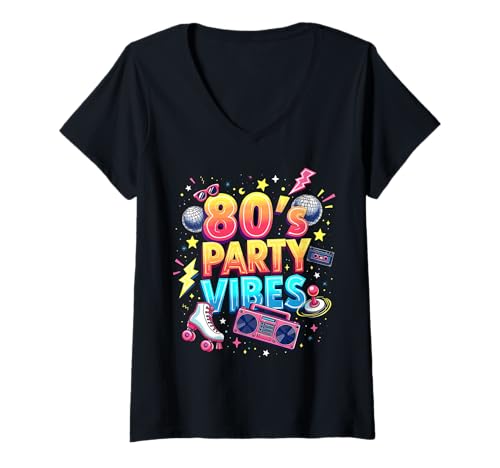 Damen 80er Jahre Party Vibes Old School Fun Times Design T-Shirt mit V-Ausschnitt Damen 80er Jahre Party Vibes Old School Fun Times Design T-Shirt mit V-Ausschnitt von 80s Retro Classic Vintage Style Nostalgic