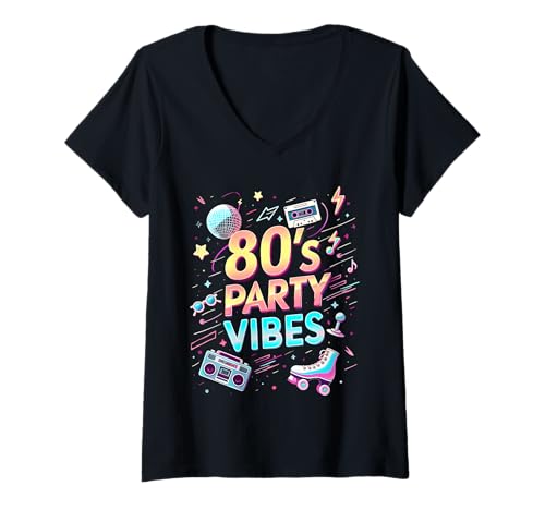Damen 80er Jahre Party Vibes Sweet Retro Party Time Grafik T-Shirt mit V-Ausschnitt Damen 80er Jahre Party Vibes Sweet Retro Party Time Grafik T-Shirt mit V-Ausschnitt von 80s Retro Classic Vintage Style Nostalgic