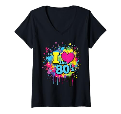 Damen Ich Liebe die 80's Retro Splash Celebration, Vintage-Klassiker, Spaß T-Shirt mit V-Ausschnitt von 80s Retro Classic Vintage Style Nostalgic