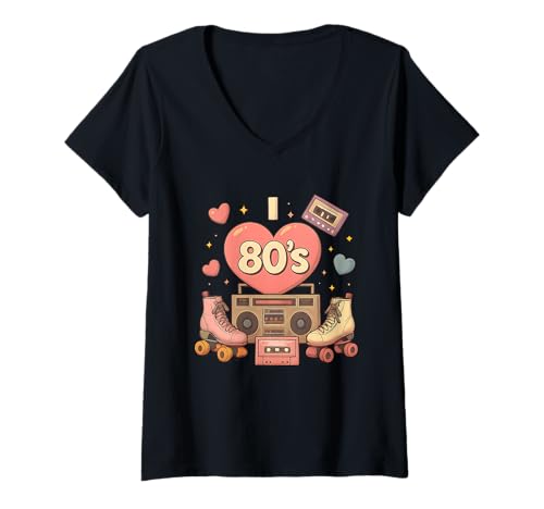 Damen Ich liebe das nostalgische Memory Lane-Design der 80er T-Shirt mit V-Ausschnitt von 80s Retro Classic Vintage Style Nostalgic