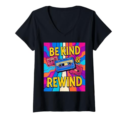 Damen Retro 80er Jahre Be Kind And Rewind Fun Times Throwback Vibe T-Shirt mit V-Ausschnitt Damen Retro 80er Jahre Be Kind And Rewind Fun Times Throwback Vibe T-Shirt mit V-Ausschnitt von 80s Retro Classic Vintage Style Nostalgic