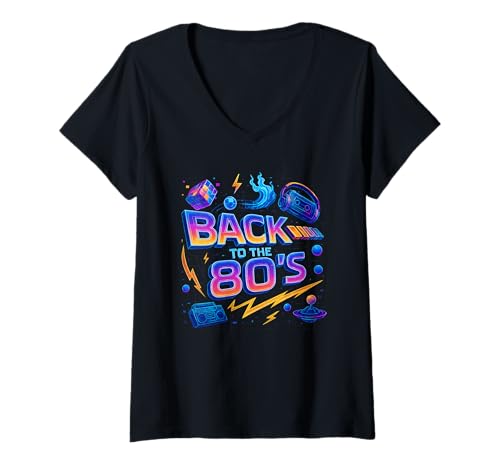 Damen Zurück in die 80er Jahre Aufregende Retro-Flashback-Illustration T-Shirt mit V-Ausschnitt Damen Zurück in die 80er Jahre Aufregende Retro-Flashback-Illustration T-Shirt mit V-Ausschnitt von 80s Retro Classic Vintage Style Nostalgic