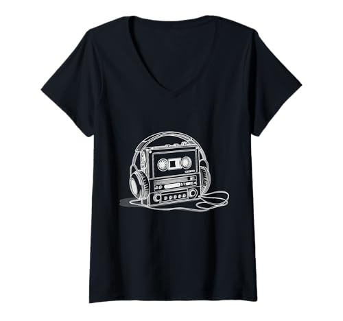 Damen Kassettenrecorder mit Kopfhörern - 80er Vibes T-Shirt mit V-Ausschnitt Damen Kassettenrecorder mit Kopfhörern - 80er Vibes T-Shirt mit V-Ausschnitt von 80s Styles
