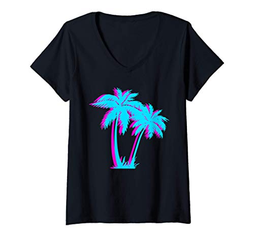 Damen Vaporwave Palme-Baum design ästhetische Palme - Blau u Rosa T-Shirt mit V-Ausschnitt von 80s & 90s AESTHETIC VAPORWAVE designS