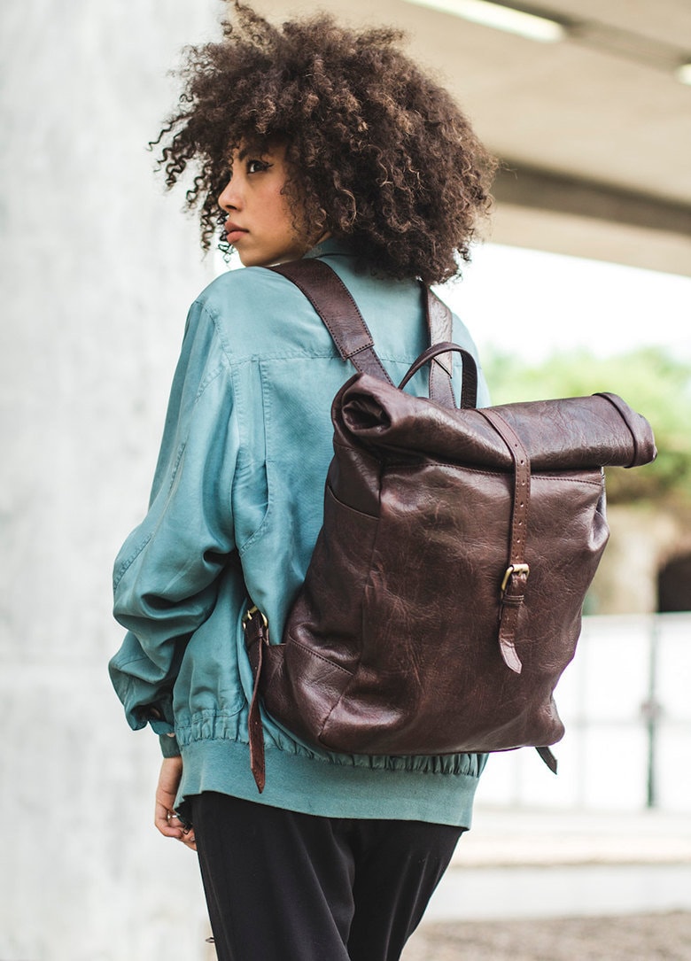 Braun Leder Traveller's Rucksack Mit Roll Top Braun Leder Traveller's Rucksack Mit Roll Top von 80sStyleBags