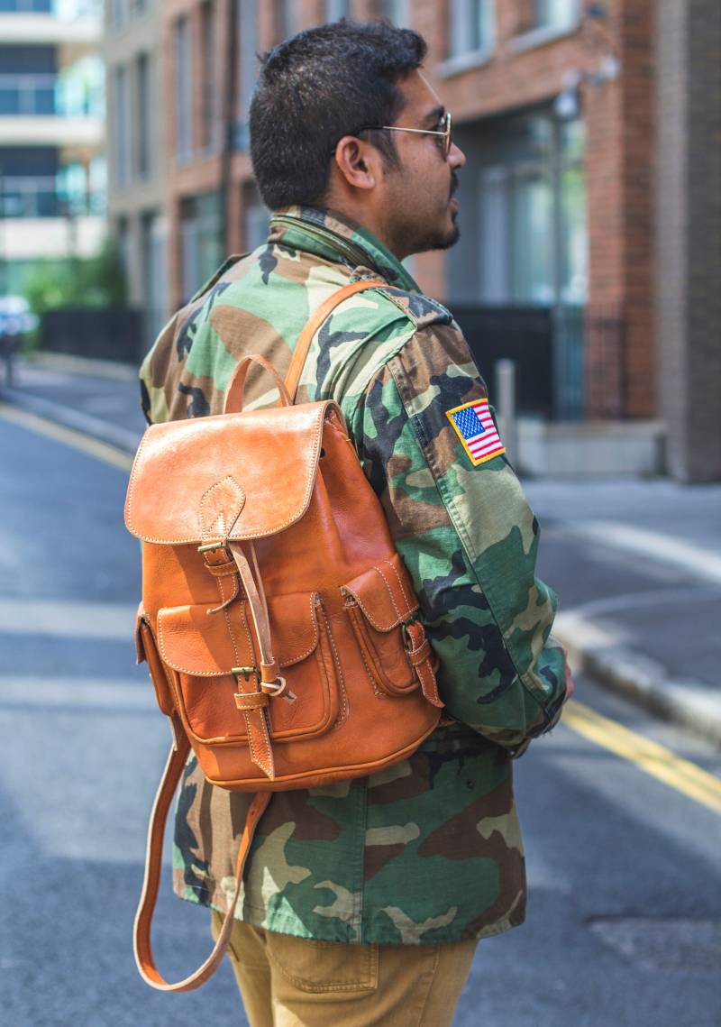 Handgemachter Lederrucksack in Orange Hellbraun von 80sStyleBags
