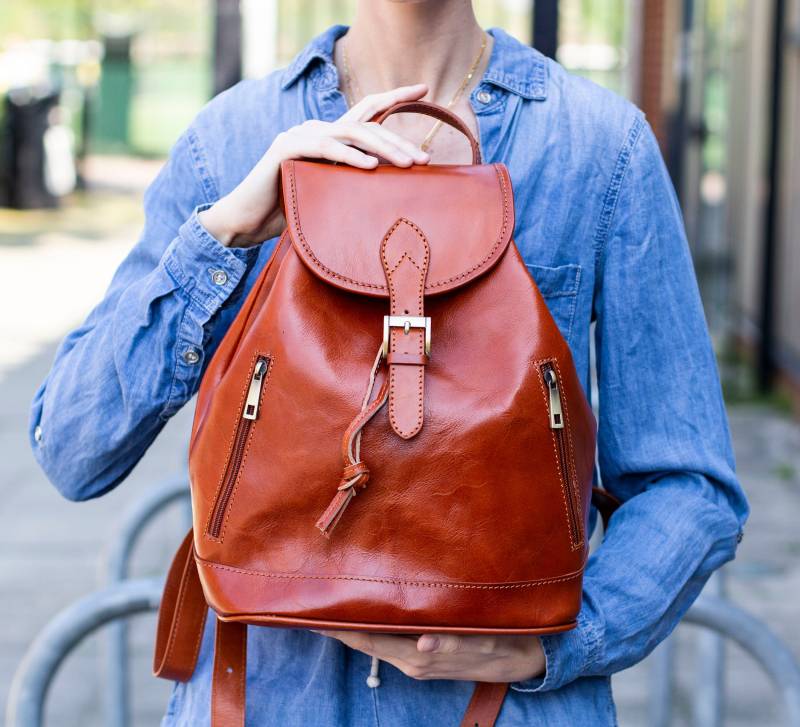 Leder Rucksack Mit Taschen in Matt Hellbraun Braun von 80sStyleBags