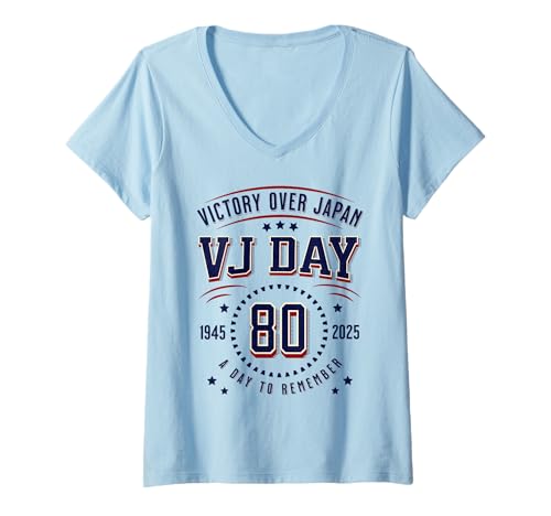 Damen VJ Day WWII 80th Anniversary Vintage V-J Day 2025 Flagge T-Shirt mit V-Ausschnitt Damen VJ Day WWII 80th Anniversary Vintage V-J Day 2025 Flagge T-Shirt mit V-Ausschnitt von 80th anniversary VJ DAY UK flag 2025 USA flag