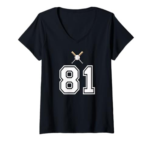 Damen 81 Nummer Baseball Style Vintage Weiß T-Shirt mit V-Ausschnitt Damen 81 Nummer Baseball Style Vintage Weiß T-Shirt mit V-Ausschnitt von 81 Nummer Baseball Style Weiß