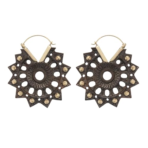 81stgeneration Damen Gold Messing Handgeschnitztes Holz Hindu Sonne Mandala Ohrhänger Ohrringe von 81stgeneration