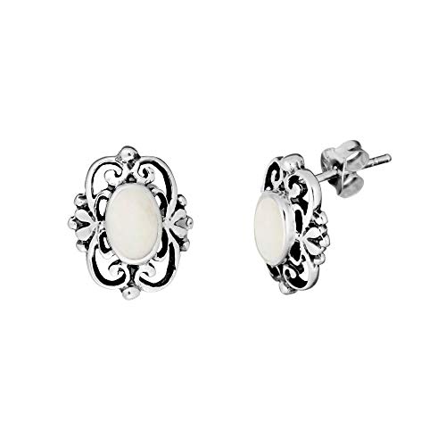 81stgeneration Frauen 925 Sterling Silber 13 mm Perlmutt Vintage-Stil Filigrane Ohrstecker Ohrringe von 81stgeneration