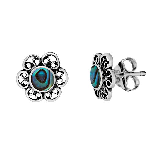 81stgeneration Frauen .925 Sterling Silber 9 mm Abalone Filigrane Blume Ohrstecker Ohrringe von 81stgeneration