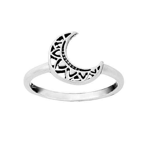 81stgeneration Frauen .925 Sterling Silber Dünnes Band Halbmond Mond Lotus Muster Ring von 81stgeneration