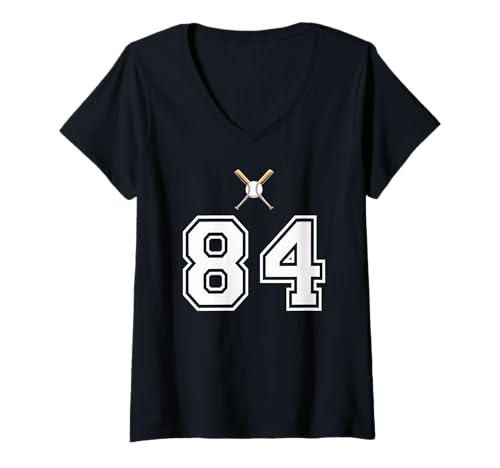 Damen 84 Nummer Baseball Style Vintage Weiß T-Shirt mit V-Ausschnitt Damen 84 Nummer Baseball Style Vintage Weiß T-Shirt mit V-Ausschnitt von 84 Nummer Baseball Style Weiß
