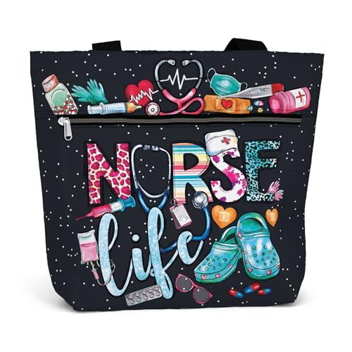84hoods Große wasserdichte Tragetasche mit Taschen und Reißverschluss für die Arbeit Geschenk für Krankenschwester Umhängetasche für Frauen, 01. Nurse Life, Large von 84hoods