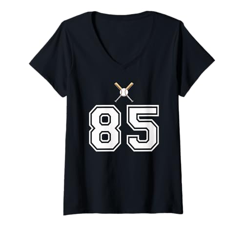Damen 85 Nummer Baseball Style Vintage Weiß T-Shirt mit V-Ausschnitt Damen 85 Nummer Baseball Style Vintage Weiß T-Shirt mit V-Ausschnitt von 85 Nummer Baseball Style Weiß