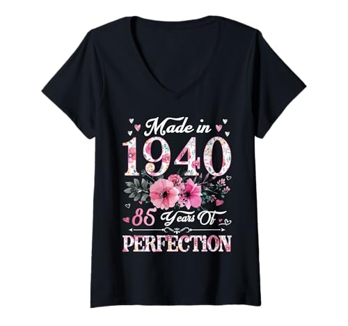 Damen 85 Jahre alt Made in 1940 Floral 85. Geburtstag Geschenk für Frauen T-Shirt mit V-Ausschnitt von 85th Birthday Gifts For Women