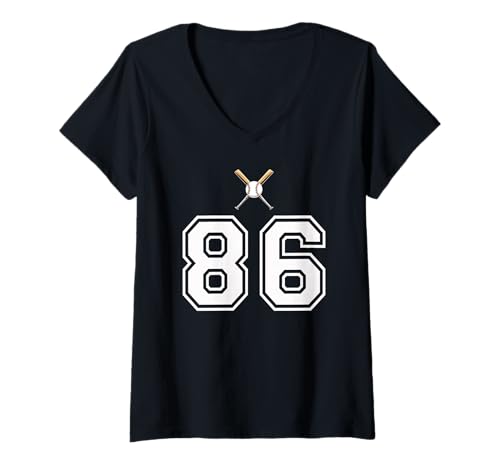 Damen 86 Nummer Baseball Style Vintage Weiß T-Shirt mit V-Ausschnitt Damen 86 Nummer Baseball Style Vintage Weiß T-Shirt mit V-Ausschnitt von 86 Nummer Baseball Style Weiß