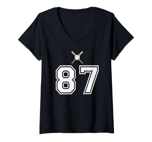 Damen 87 Nummer Baseball Style Vintage Weiß T-Shirt mit V-Ausschnitt Damen 87 Nummer Baseball Style Vintage Weiß T-Shirt mit V-Ausschnitt von 87 Nummer Baseball Style Weiß