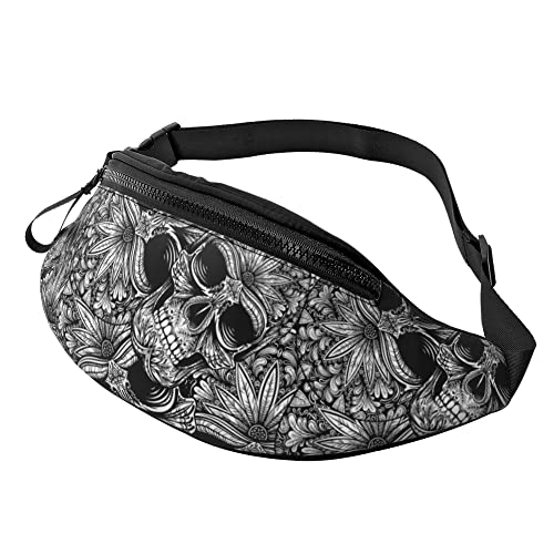 Damen Bauchtasche Schwarz-Weißer Totenkopf Unisex Gurttasche Mode,Mit Reißverschluss Taillentasche Für Fitness Wandern Herren 14X35Cm von 874