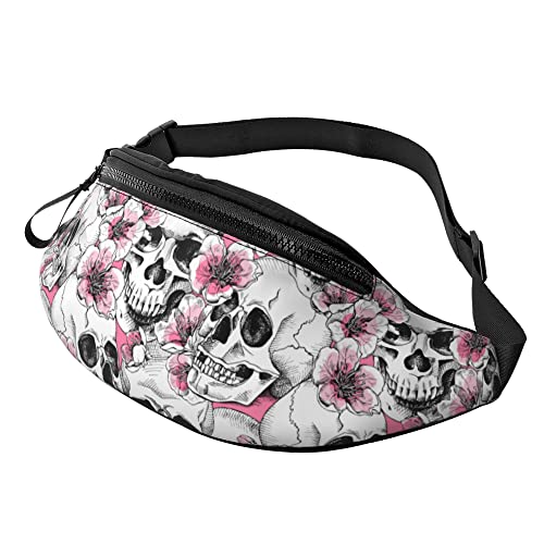 Schultertaschen Totenkopf Rosa Blume Unisex Gürteltasche Mit Reißverschluss,Verstellbarer Brusttasche Für Herren Wandern Geschenke 14X35Cm von 874