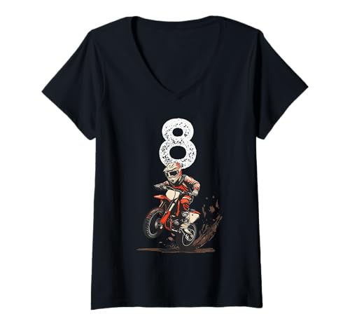 Damen 8 Jahre alt, Kinder Dirt Bike T-Shirt mit V-Ausschnitt von 8th Birthday, Motocross and Dirt Bike for Kids