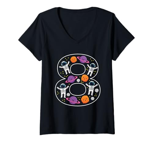 Damen 8. Geburtstag 8 Jahre alt Weltraum Jungen Mädchen Astronaut Planeten T-Shirt mit V-Ausschnitt von 8th Birthday 8 Year Old Space Boys Girls Astronaut
